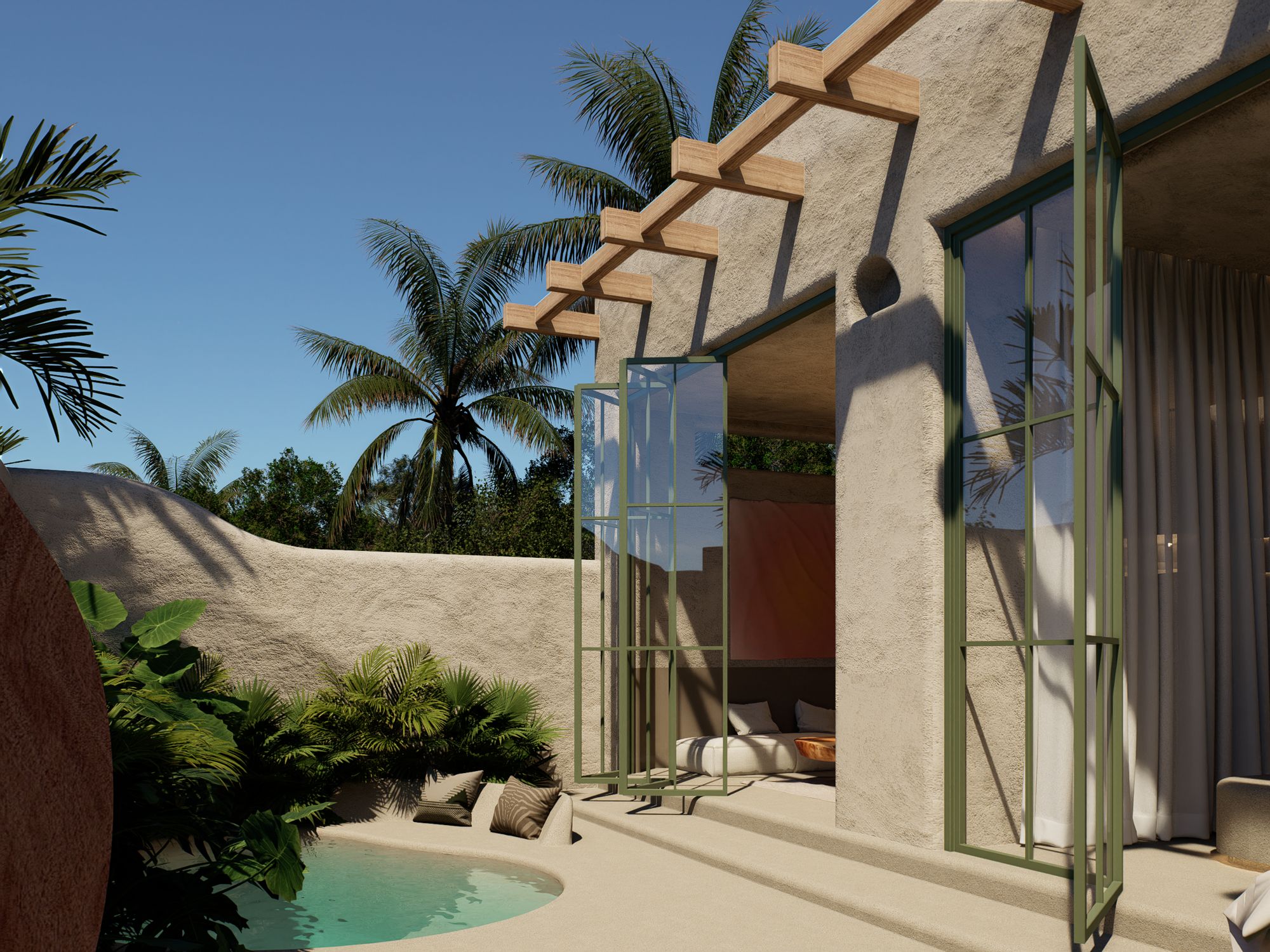 Detalle arquitectónico de villa, estuco y acero verde salvia