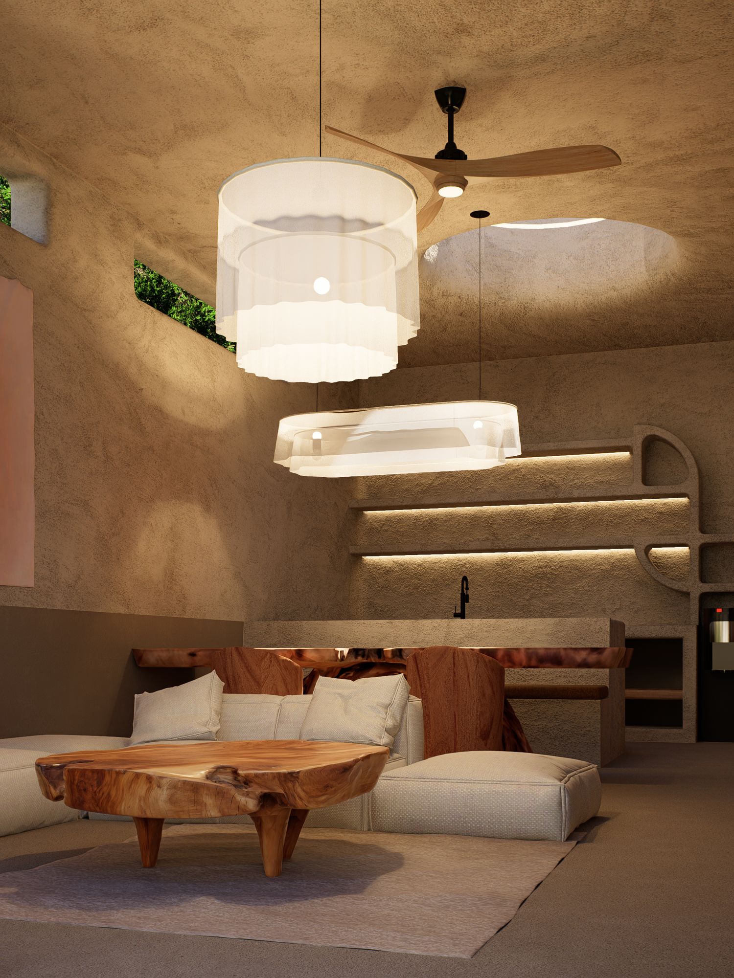 Interior salón con lámparas colgantes